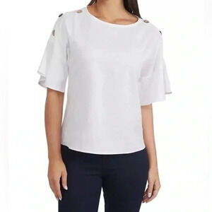 XS Ellen Tracy Linen Short-Sleeve White Blouse